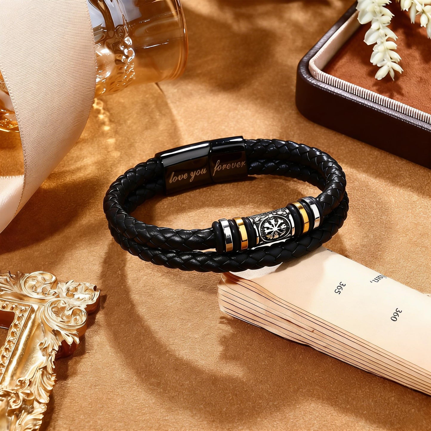 leejory Viking Bracelet for Men, Double-Row Braided Genuine Black Leather Cuff Wristband Norse Compass Symbol Vegvisir Bracelets, Nordic Jewelry Religious Pagan Amulet Gift for Mens Teen Grandson Son