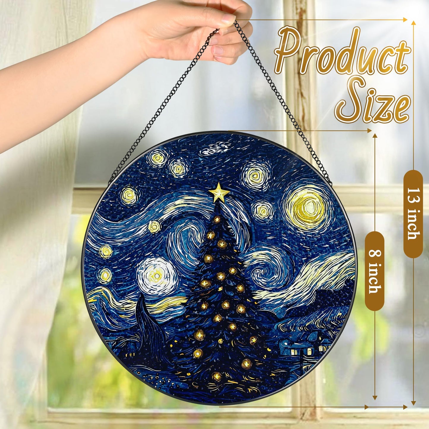 8-Inch Starry Night Christmas Tree Suncatcher Ornament, Stained Glass Window Hanging & Stained Glass Holiday Ornament, Sun Catcher Window Decor, Van Gogh’s Keepsake, Gifts for Christmas & Holidays