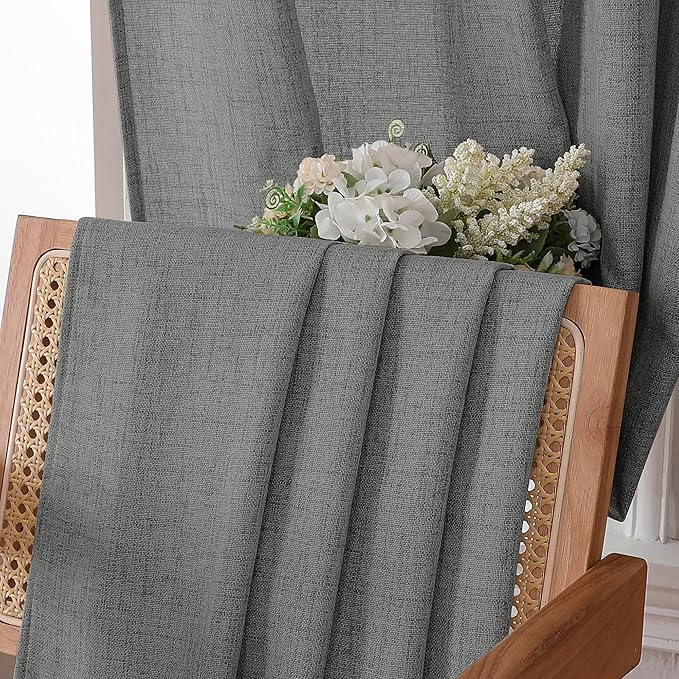 Tollpiz Short Linen Curtains Living Room Rod Pocket Semi Sheer Curtain Burlap Light Filtering Thick Linen Drapes for Bedroom, 54 x 54 inches Long, Dark Grey, Set of 2 Panels