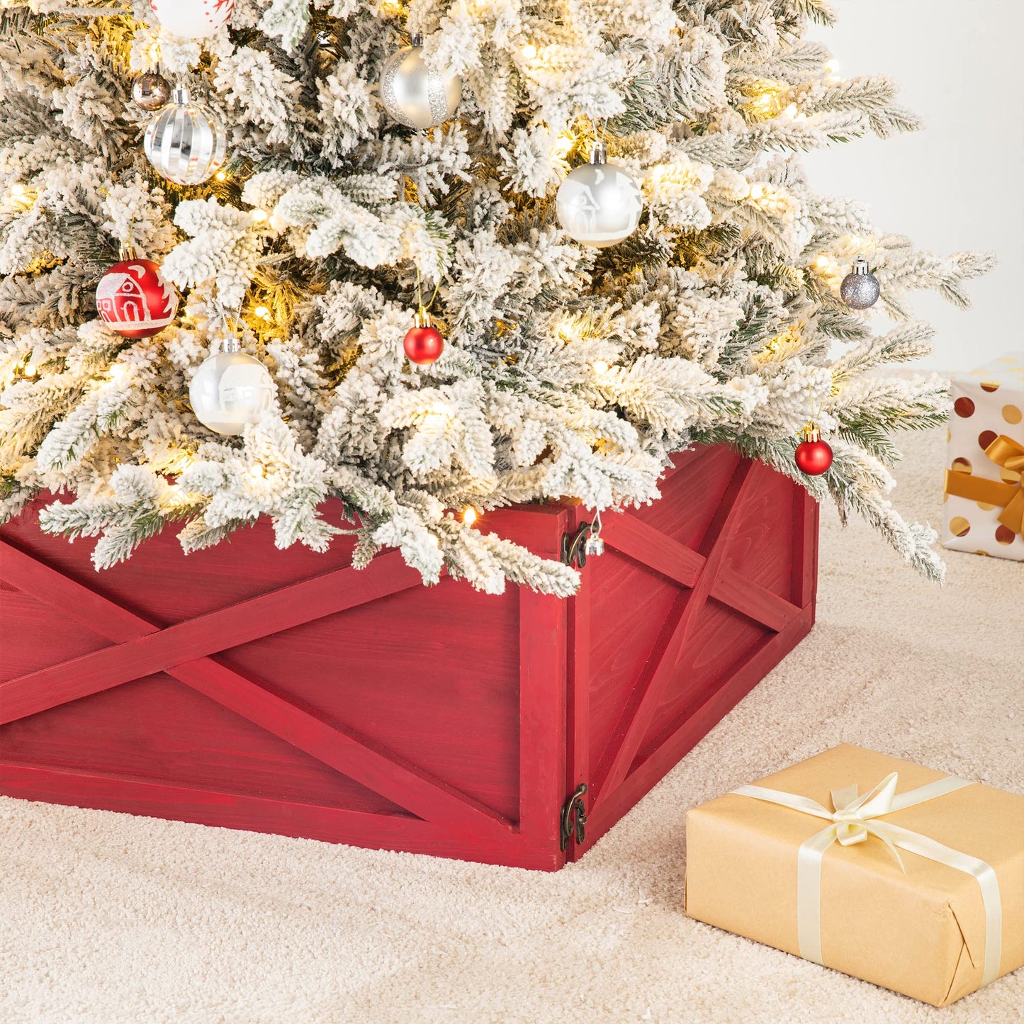 Glitzhome Wooden Box Collar Stand Cover Christmas Tree Skirt, 22" L, Red