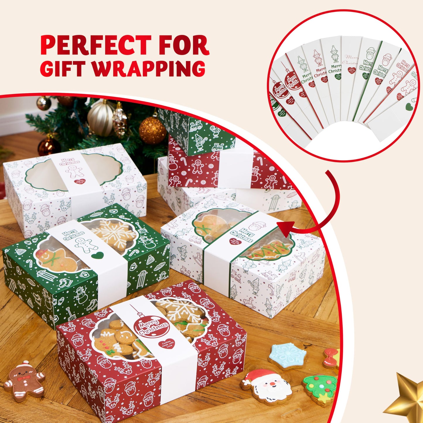 JOYIN 12PCS Christmas Cookie Boxes for Gift Giving, 8.5" x 5.75" x 2.75" Xmas Holiday Bakery Treat Boxes with Window, 4 Design Cookie Containers Box for Baked Goods, Cupcake, Pastry, Candy