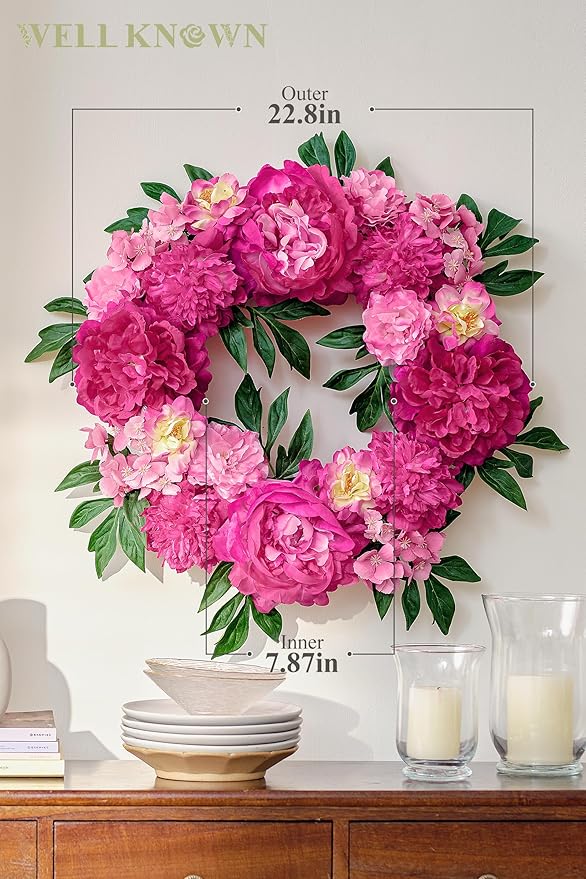 Wreaths for Front Door, WELL KNOWN Flowering Fall Wreath for Front Door, Silk Peony Wreath as Front Door Decor, Hot Pink Wall Hanging Home Party Wedding Shop Hotel Office Decor Gift