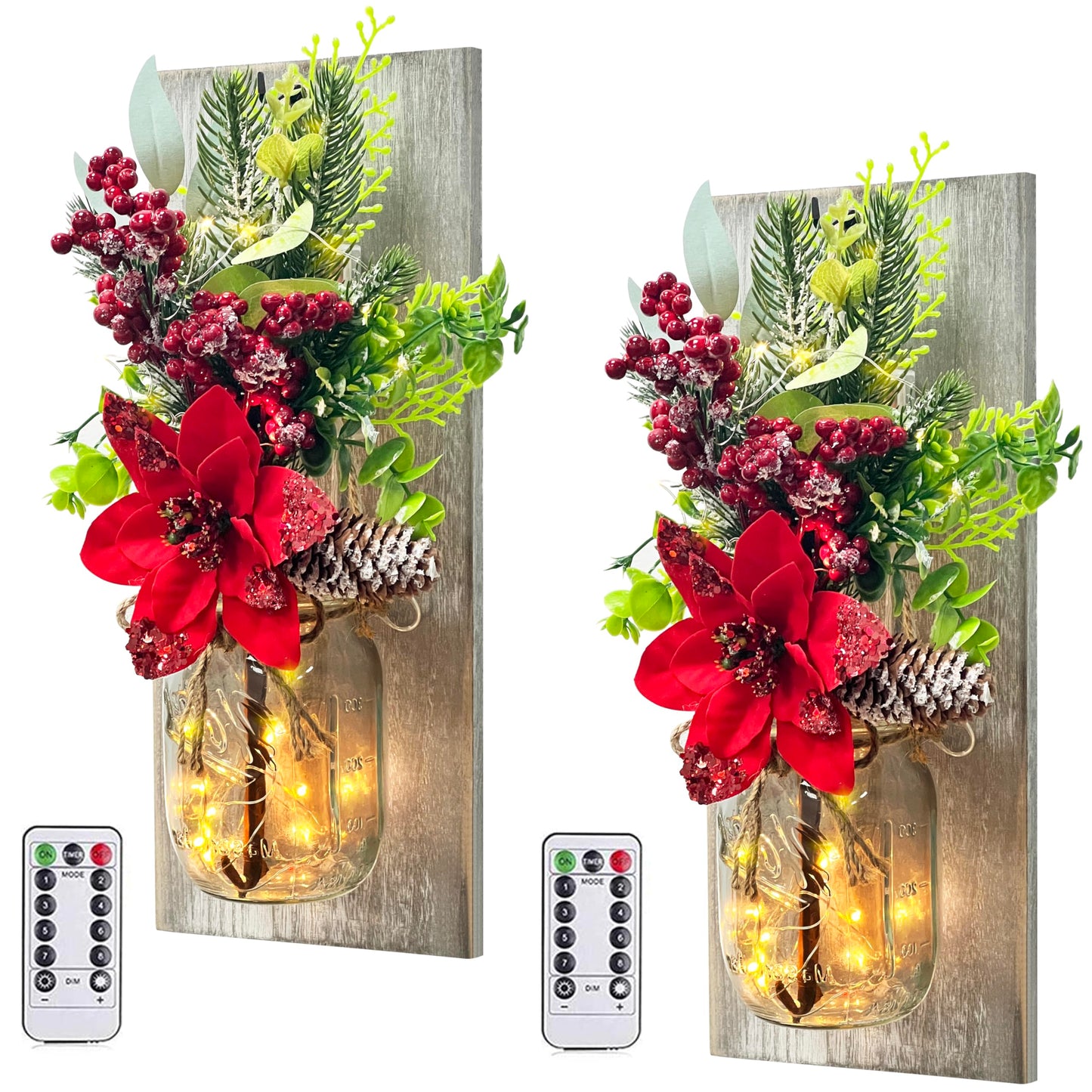 Mason Jars Sconce Decor Rustic Wall Sconces Handmade Wall Art Hanging Design with Remote Control LED Fairy Lights and Red Berry, Xmas Farmhouse Wall Home Decor Living Room Lights Set of Two