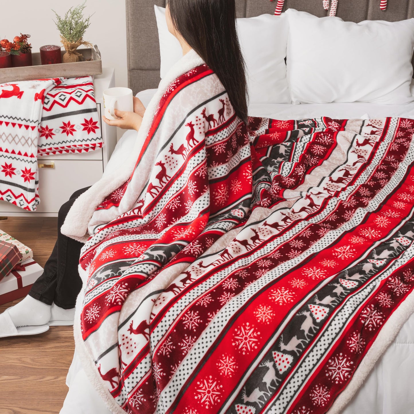 PAVILIA Christmas Sherpa Throw Blanket, Red & White Snowflake, Reindeer, Reversible Fleece & Sherpa Cozy Winter Blanket for Couch & Bed, 50x60, Christmas & Holiday Decor