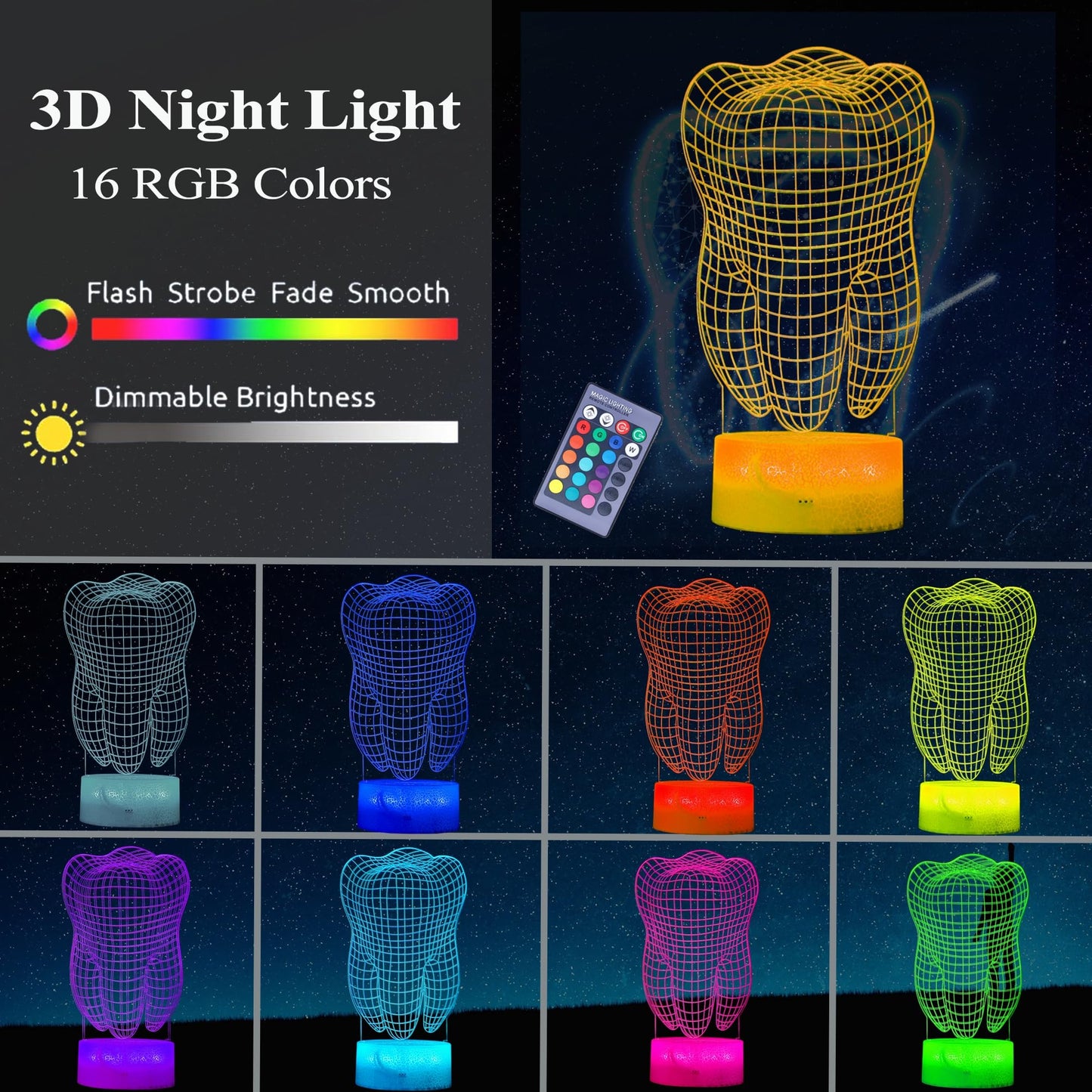 POSSHE Dental Gifts, 3D Tooth Night Light, 3D Illusion Lamp, 16 Colors Changing, Remote Control, Dimmable, Living Room Decoration, Xmas Tooth Model Gifts