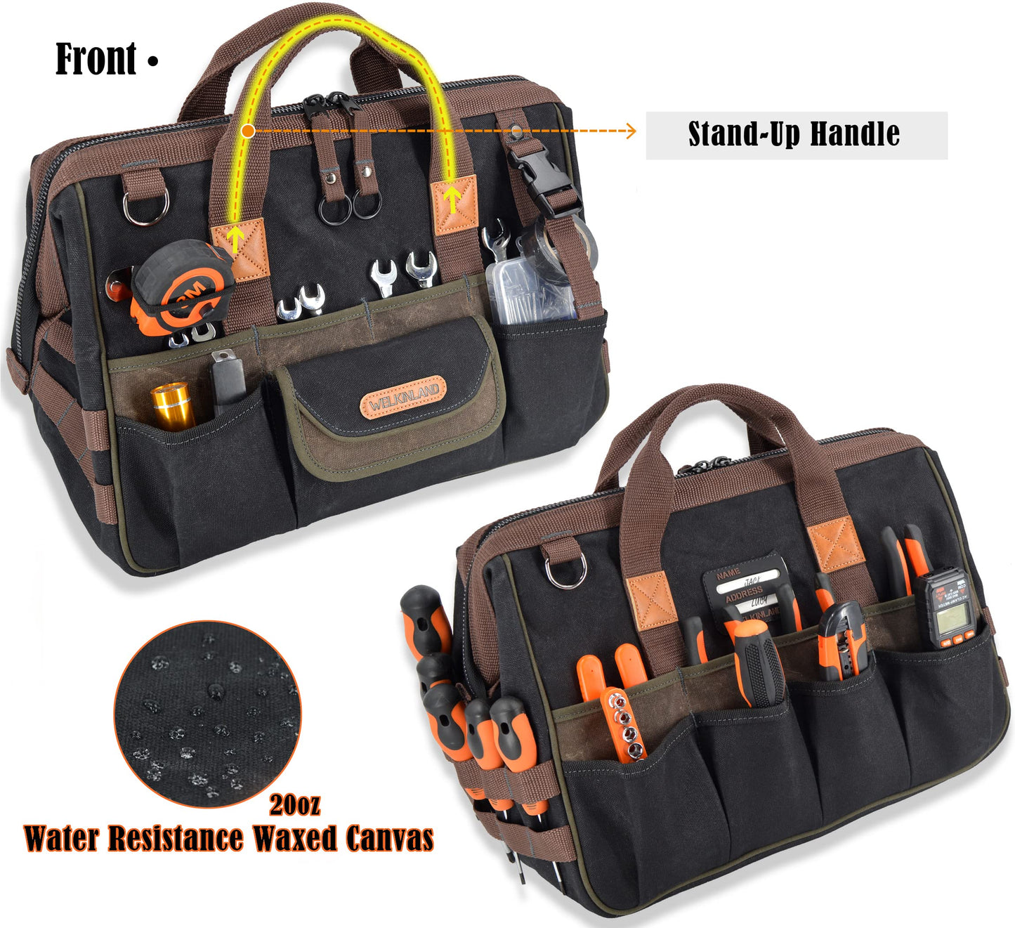 WELKINLAND 32-Pockets Waxed Canvas tool bag, Heavy-Duty Electrician tools bag, HVAC tool bags, Tool bag organizer, 16" Tools bag carrier for men, Tool bags for electricians