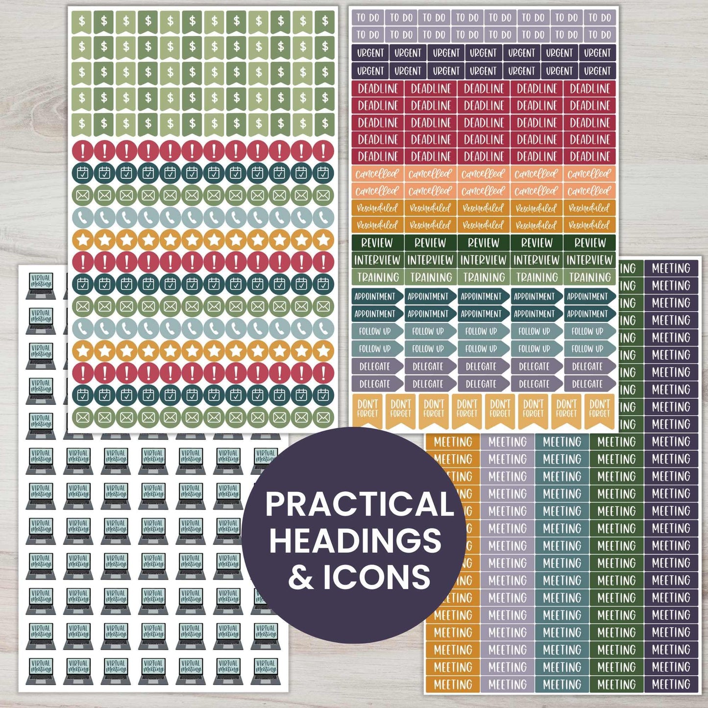 bloom daily planners Workday Essentials Planner Stickers - Productivity Variety Pack for Business Professionals - 8 Sheets / 802 Stickers - Meetings, Deadlines, Payday Icons for Work & Office