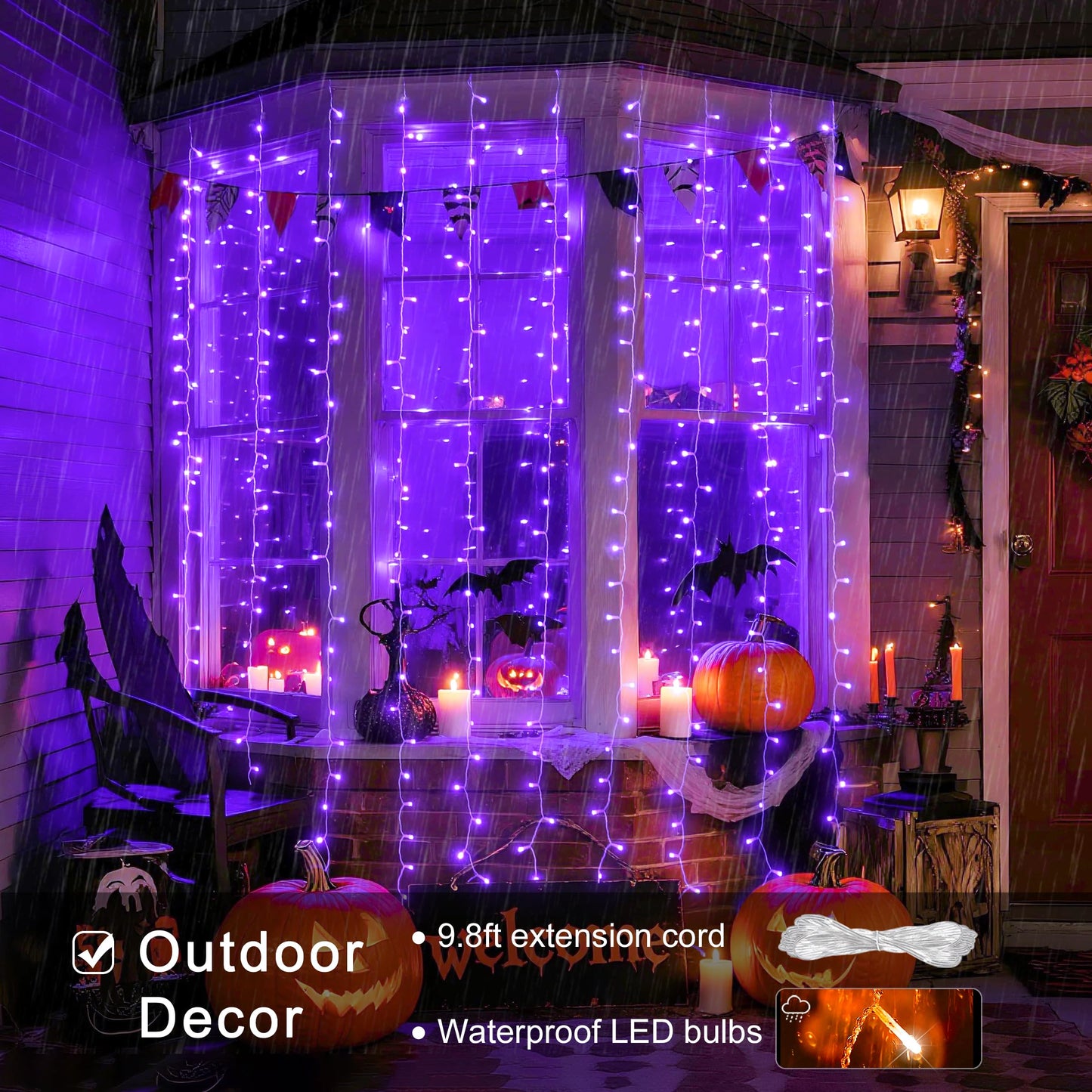 JMEXSUSS 300LED Purple Halloween Lights with Remote, 9.8x9.8ft Curtain Lights Plug in, 8 Modes Hanging String Lights for Indoor, Outdoor, Bedroom, Window, Party, Backdrop, Xmas, Halloween Decorations