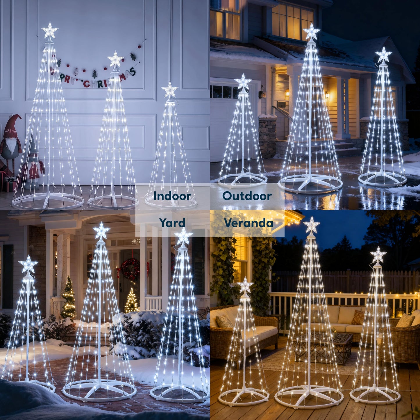 JOYIN 3 Pack LED Christmas Cone Tree Lights, 4FT 5FT 6FT Outdoor Lighted Tree with 8 Lighting Modes & Star Topper, Christmas Decorations for Yard Porch Patio Garden Holiday Decor, Cool White