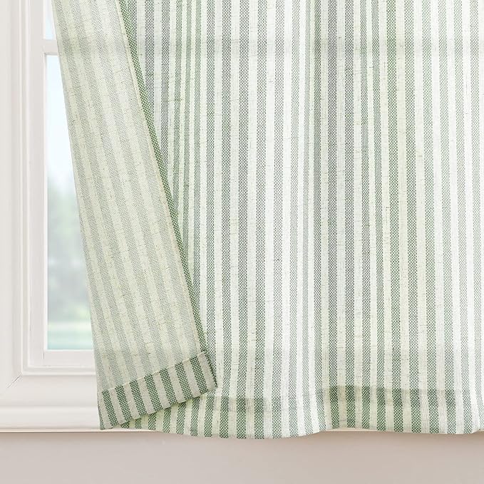 jinchan Tie Top Linen Kitchen Curtains 24 Inches Striped Tier Curtains Farmhouse Modern Cafe Style Small Window Treatments Airy Light Filtering Rod Pocket for Living Room Bathroom 2 Panels Sage Green