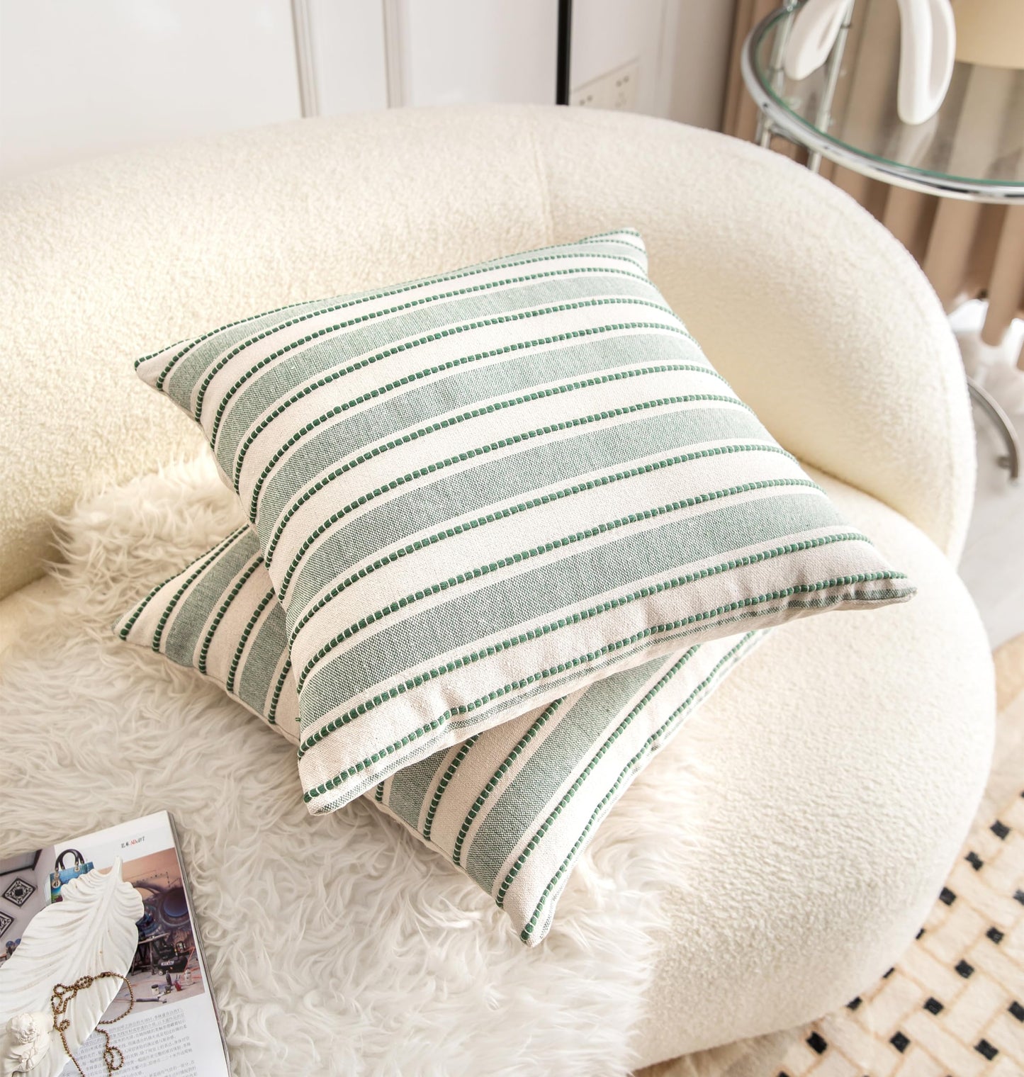 Cethom Decorative Boho Throw Pillow Covers, Farmhouse Textured Pillow Case, 20 x 20 Inch Set of 2, Chair Sofa Bedroom Living Room Home Decor Couch Cushion Case, Green and Beige Striped