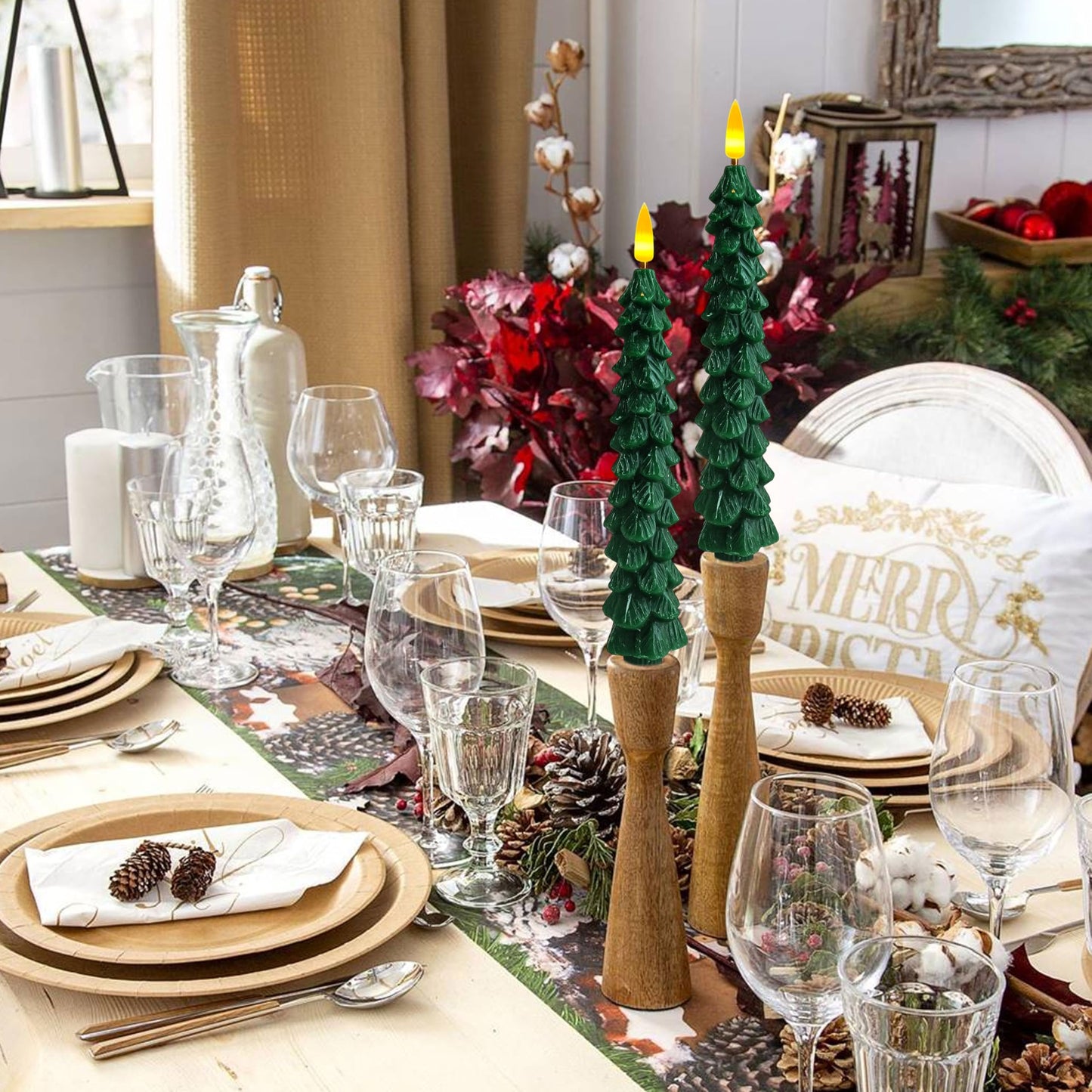 2 Pcs Christmas Tree Flameless Taper Candles with Timer Battery Operated Taper Candles Realistic Flickering Green LED Candle Tall ElectricTaper Candlesticks fo All-Season Decor festival Wedding Party