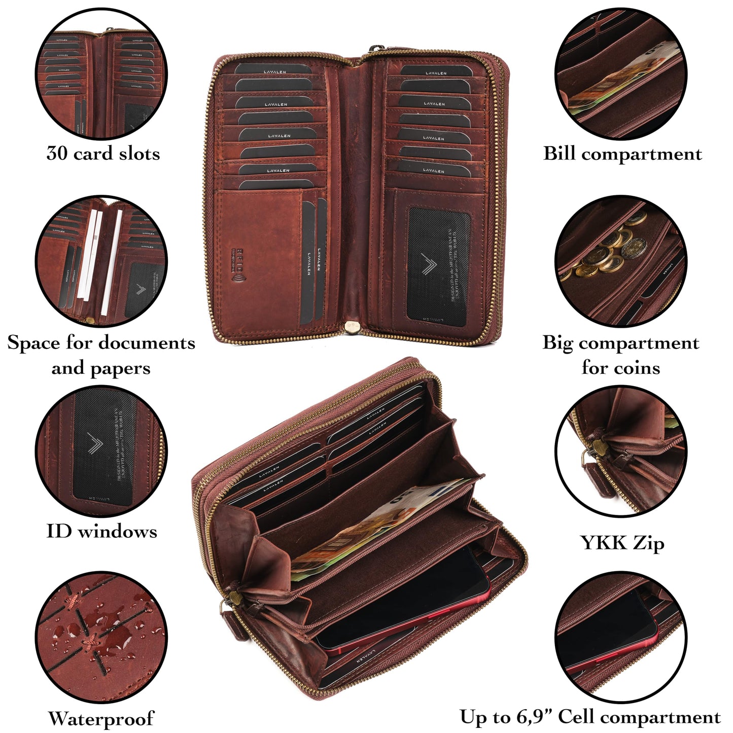 Lavalen Leather RFID Wallet Women – Modern RFID Womens Wallet- Big Multiple Compartments – Credit Card Holder – Handcrafted Genuine Leather -Carteras de Mujer Piel.