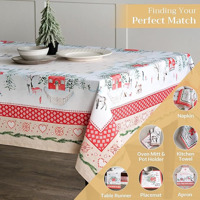 Maison d' Hermine Table Cloth Rectangle Table 100% Cotton 70 x 108 Inches Fall Tablecloth Reusable Everyday Use for Thanksgiving Christmas Decorations Dining Farmhouse Party (Rural Christmas)