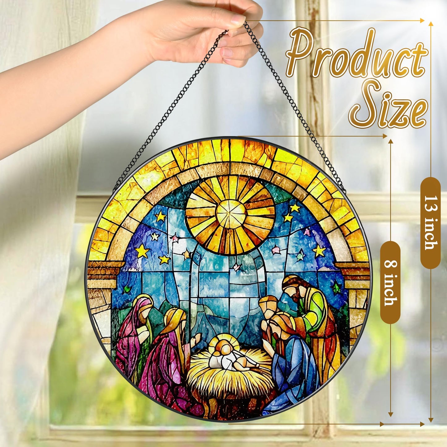 LAOWEIKI 8'' Stained Glass Window Hanging, Nativity Scene Ornament, Christian Christmas Ornament, Holy Family Decoration, Religious Decor, Gift for Christmas, Religious Gifts, Christian Gifts