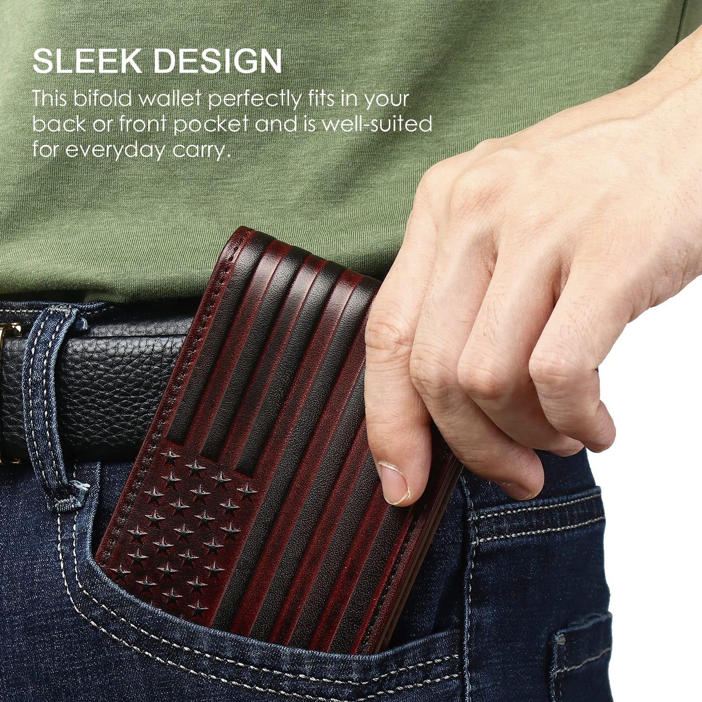 Pefiam Full Grain Leather Wallets for Men, Bifold Wallets for Men, Mens Leather Wallets with 12 Slots, RFID Blocking, Gifts for Men (USA Flag, Red)