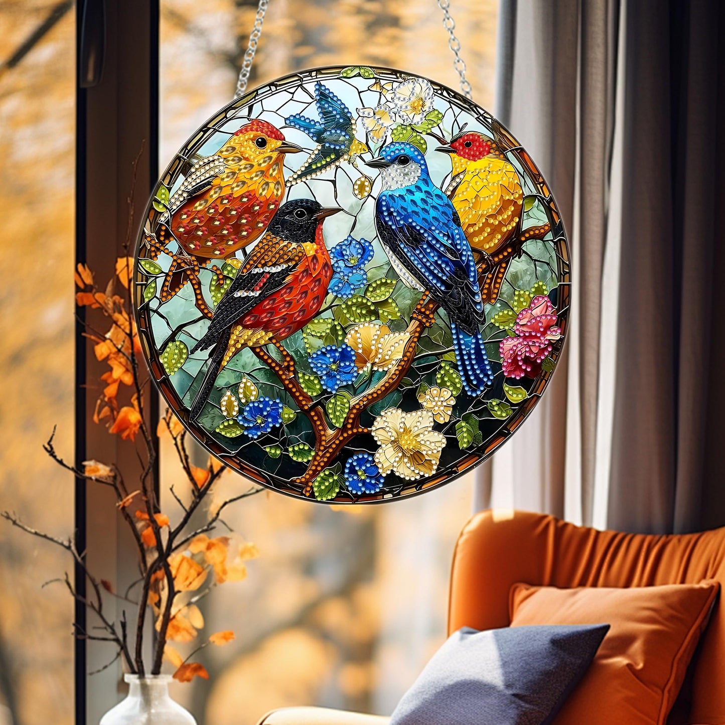 DIY Diamond Art Painting Wreath Kits，Special Shaped Rhinestone Hanging Ornament Diamond Art Window Pendants for Gift Home Garden Wall Hanging Kits,Double Sided (Bird-1)