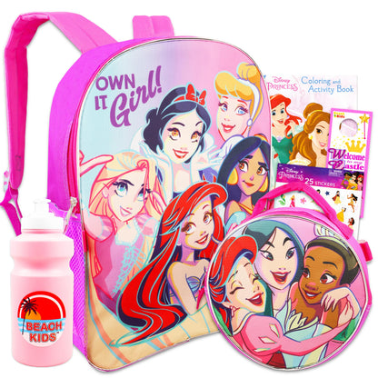 Disney Princess Backpack 6 Pc Activity Bundle with 16" Backpack, Lunch Bag, Water Bottle, and More | Disney Princess School Supplies