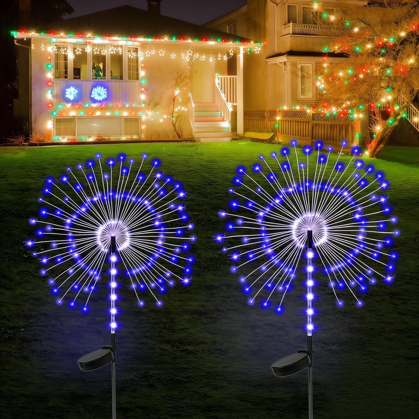 2 Pack 250LED Solar Garden Lights Outdoor, Dual Lighting Modes Firework Lights Solar Powered, Waterproof Twinkle Fairy Light Outside for Yard Patio Pathway Christmas Party Decorative(Blue)