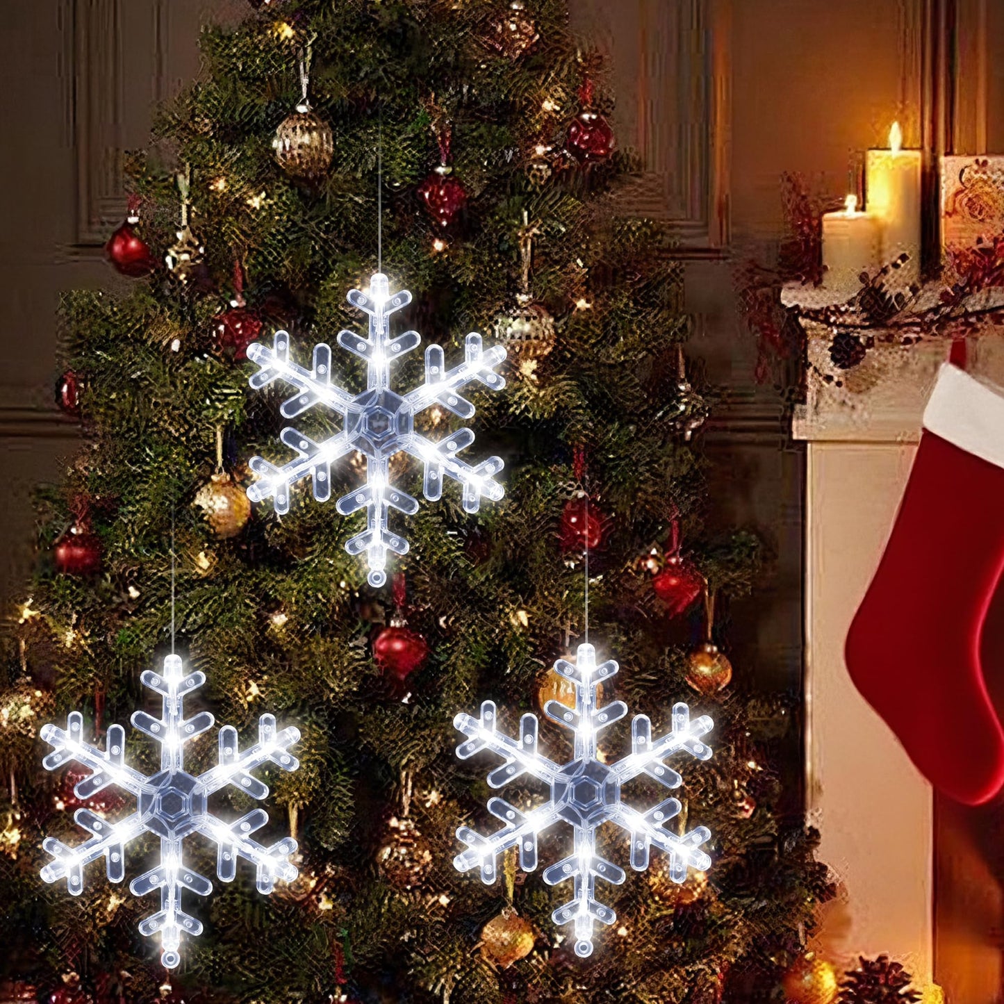 [Timer] Christmas Window Decorations, 3 Pack Snowflake Christmas Window Lights with Suction Cup, Hanging LED Battery Operated Xmas Lights Indoor Outdoor Xmas Tree Fireplace Home Party Decor - While