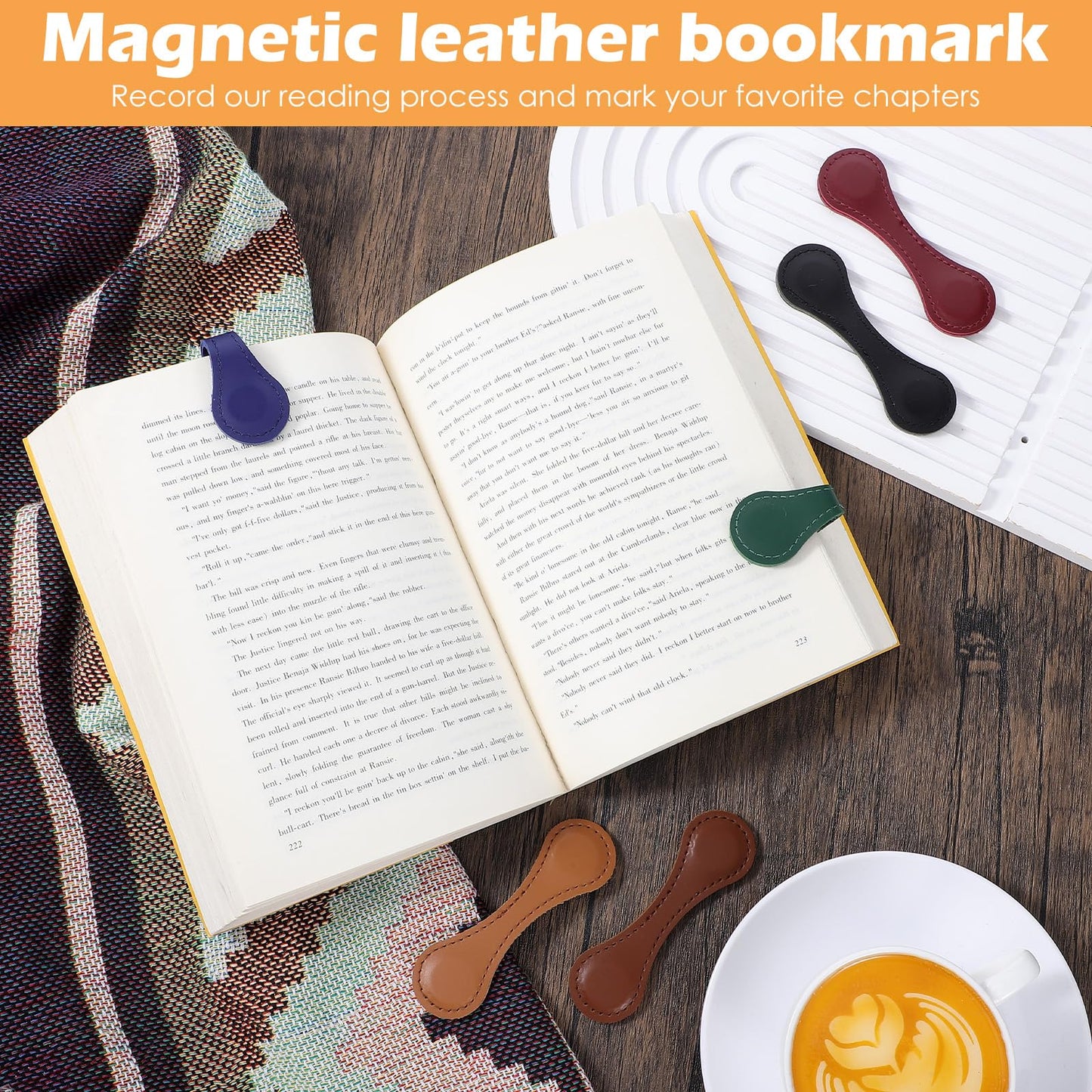 12 Packs Magnetic Leather Bookmark, 6 Color Leather Magnet Book Marks Page Markers Retro Magnet Bookmark Clips Reading Supplies Gift for Reading Men Women Book Lovers