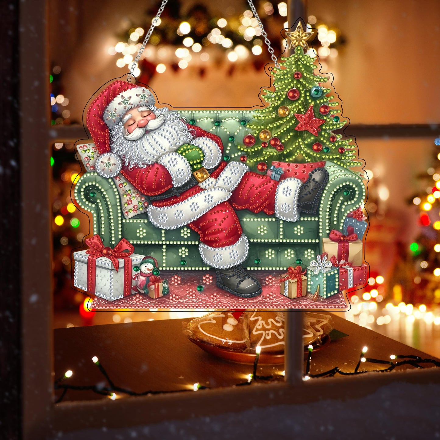DIY Acrylic Diamond Art Painting Wreath Kits Special Shaped Rhinestone 5D Diamond Art Window Pendants Home Garden Wall Hanging Kits Hanging Ornament (Sleepy Santa Claus)