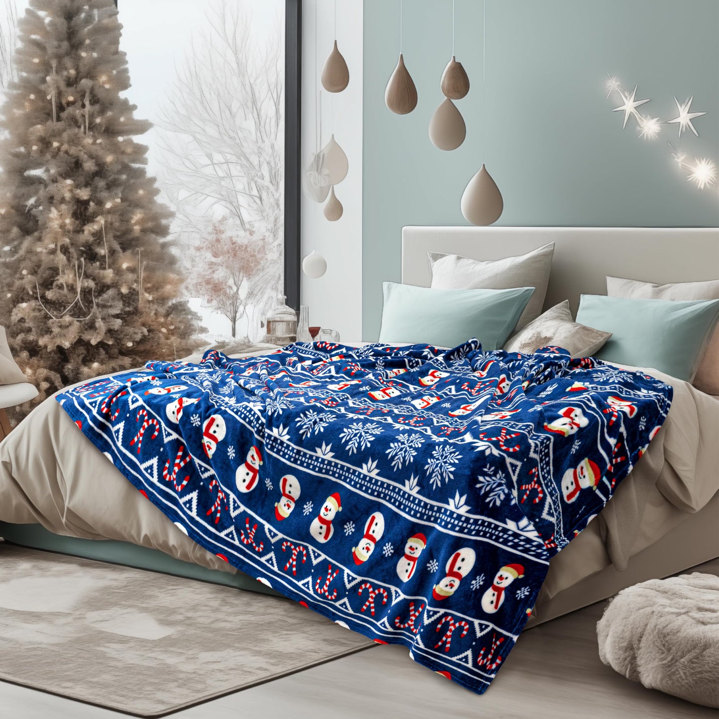 PAVILIA Christmas Snowman Throw Blanket | Blue Holiday Christmas Fleece Blanket | Soft, Plush, Warm Winter Cabin Throw, 50x60 (Blue Christmas)