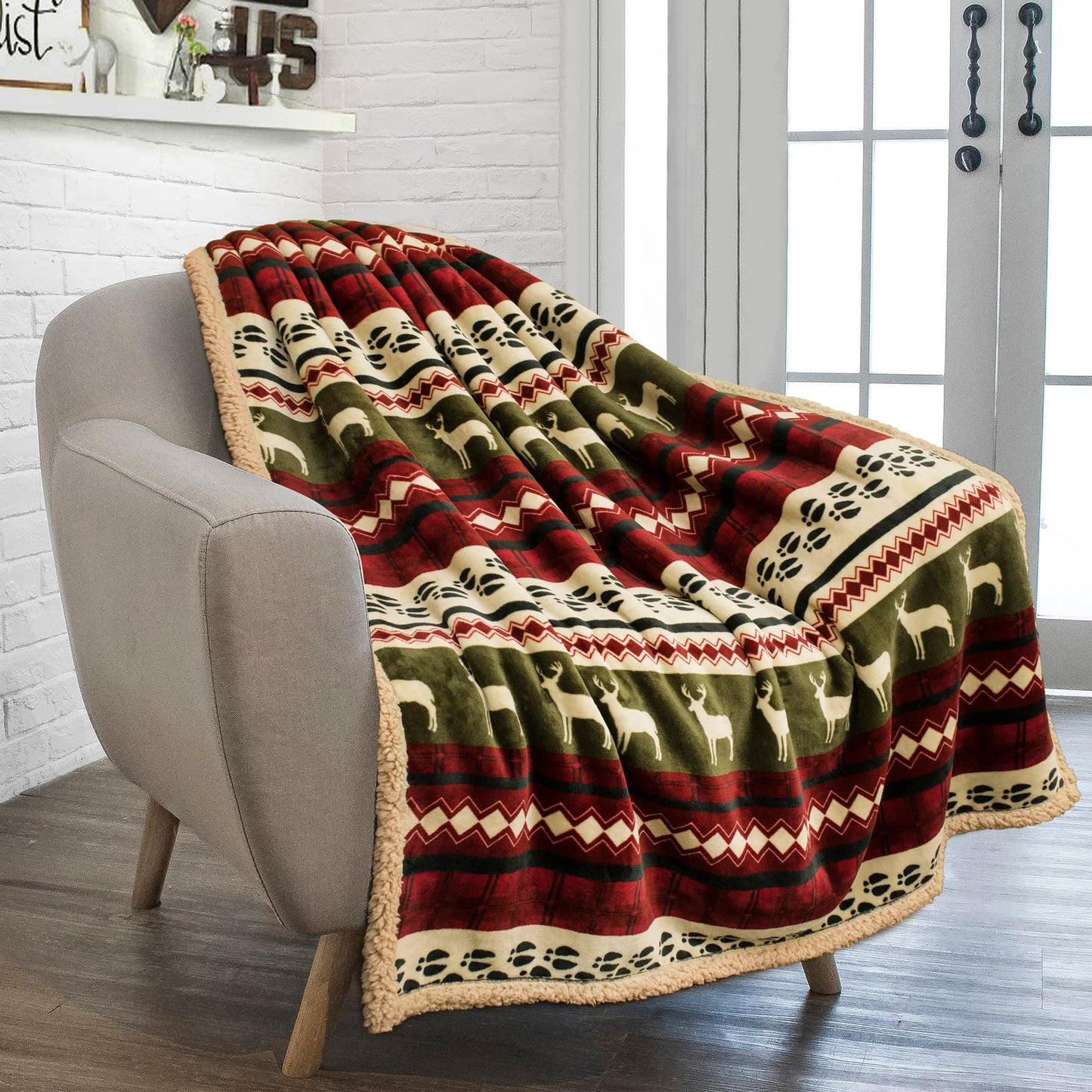 PAVILIA Premium Christmas Sherpa Throw Blanket, Green Red Cabin Design with Reindeer Print, Ultra Soft Reversible Fleece & Sherpa 50x60 Cozy Winter Blanket, Cozy Christmas & Holiday Decor