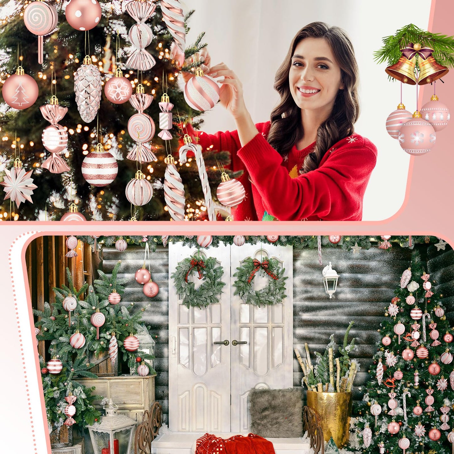 Knitgrip 50 Pcs Christmas Candy Cane Lollipop Ornaments Christmas Peppermint Candy Tree Balls Decorations with Rope Plastic Xmas Hanging Ornaments for Party Decor(Pink)