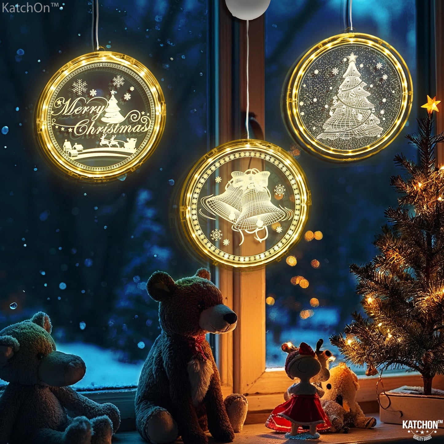 KatchOn, Light Up Window Christmas Decorations Indoor - Pack of 3 | Santa, Reindeers and Christmas Tree for Party Decorations | LED Hanging Lights, Battery Operated Christmas Lights Indoor