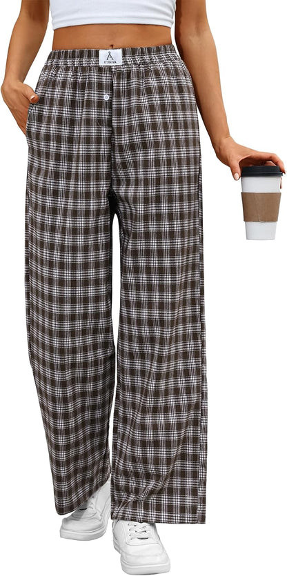 ANRABESS Womens Striped Gingham Pants 2025 Pajama Lounge Boxer Pants Cute Comfy PJ Bottoms with Pockets Y2K Plaid Outfits