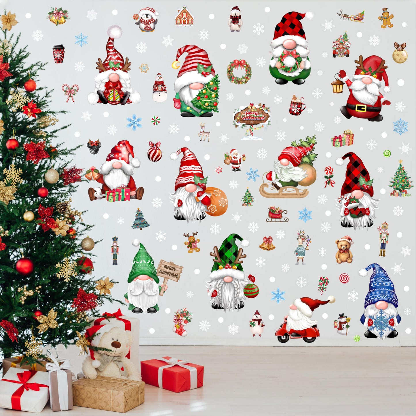 Christmas Gnomes Wall Stickers Decoration 12 Sheets, Christmas Wall Decals Holiday Gnome Decor, Winter Snowflake Vinyl Stickers for Living Room Bedroom Home Office Decor