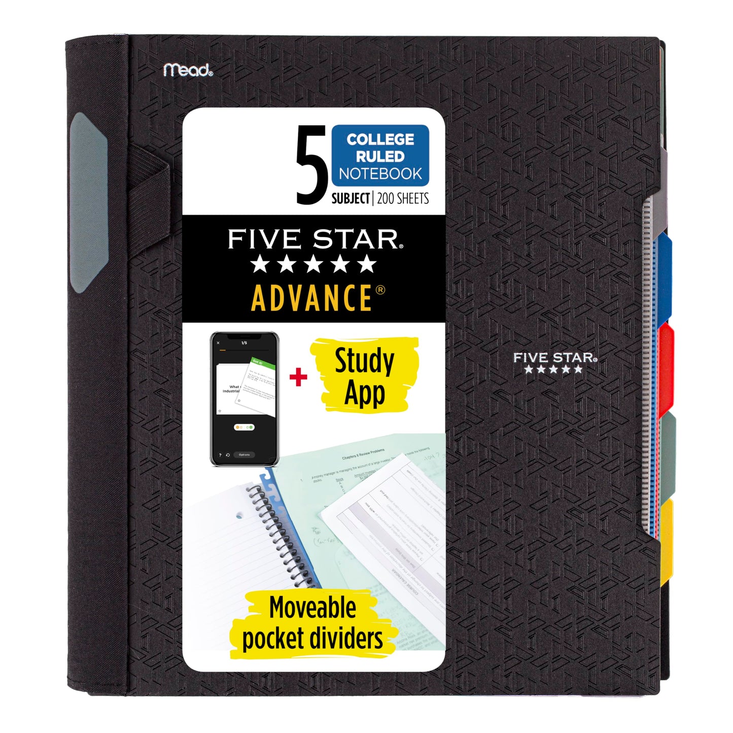 Five Star Advance Spiral Notebook + Study App, 5 Subject, College Ruled Paper, 8-1/2" x 11", 200 Sheets, Spiral Guard, Movable Tabbed Dividers, Black (73144)