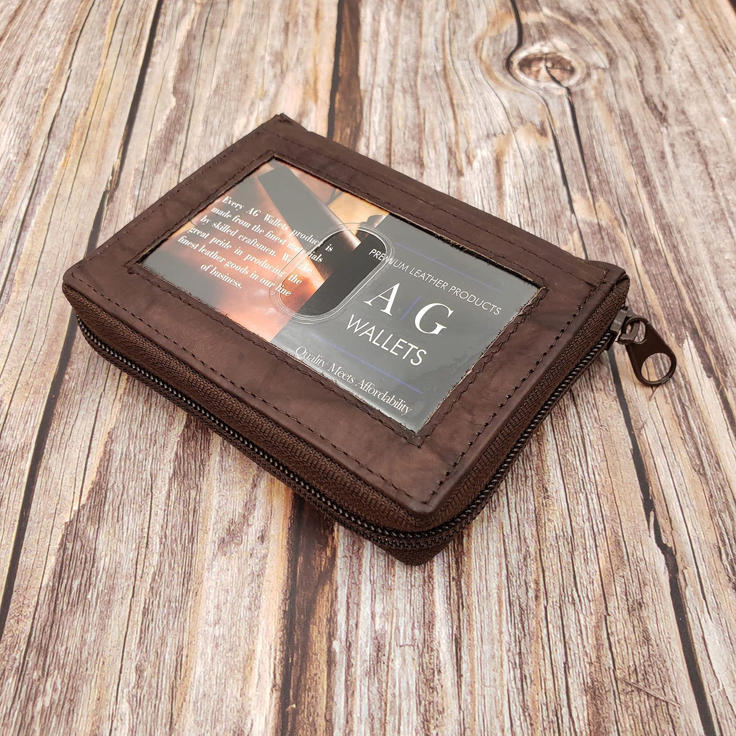 AG Wallets Mens Zip Around Leather Wallet with Inserts (Brown)