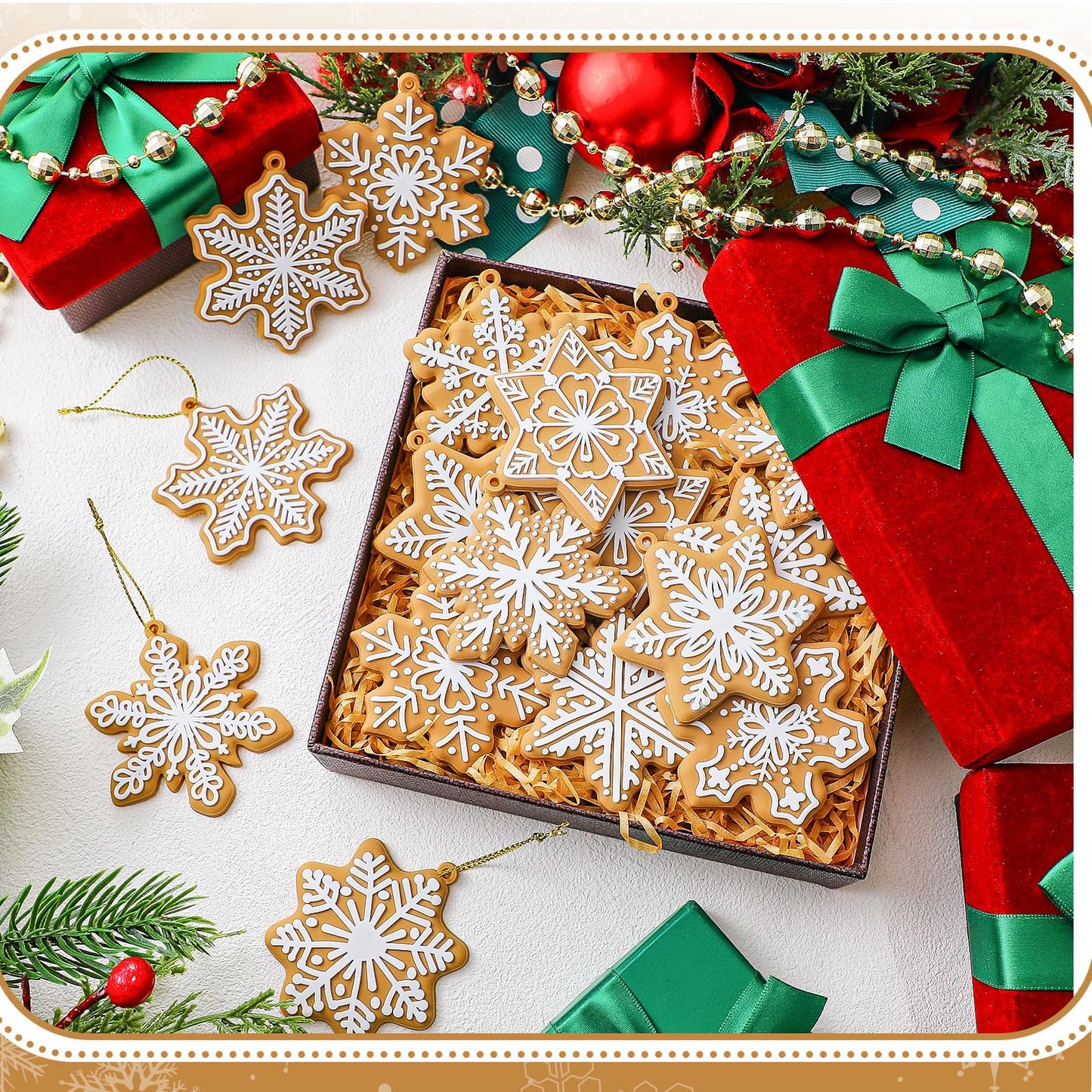 Syhood 36 Pcs Christmas Gingerbread Snowflake Ornaments Gingerbread Cookie Ornaments for Xmas Tree Hanging Decor Silicone Decorations for Holiday Party