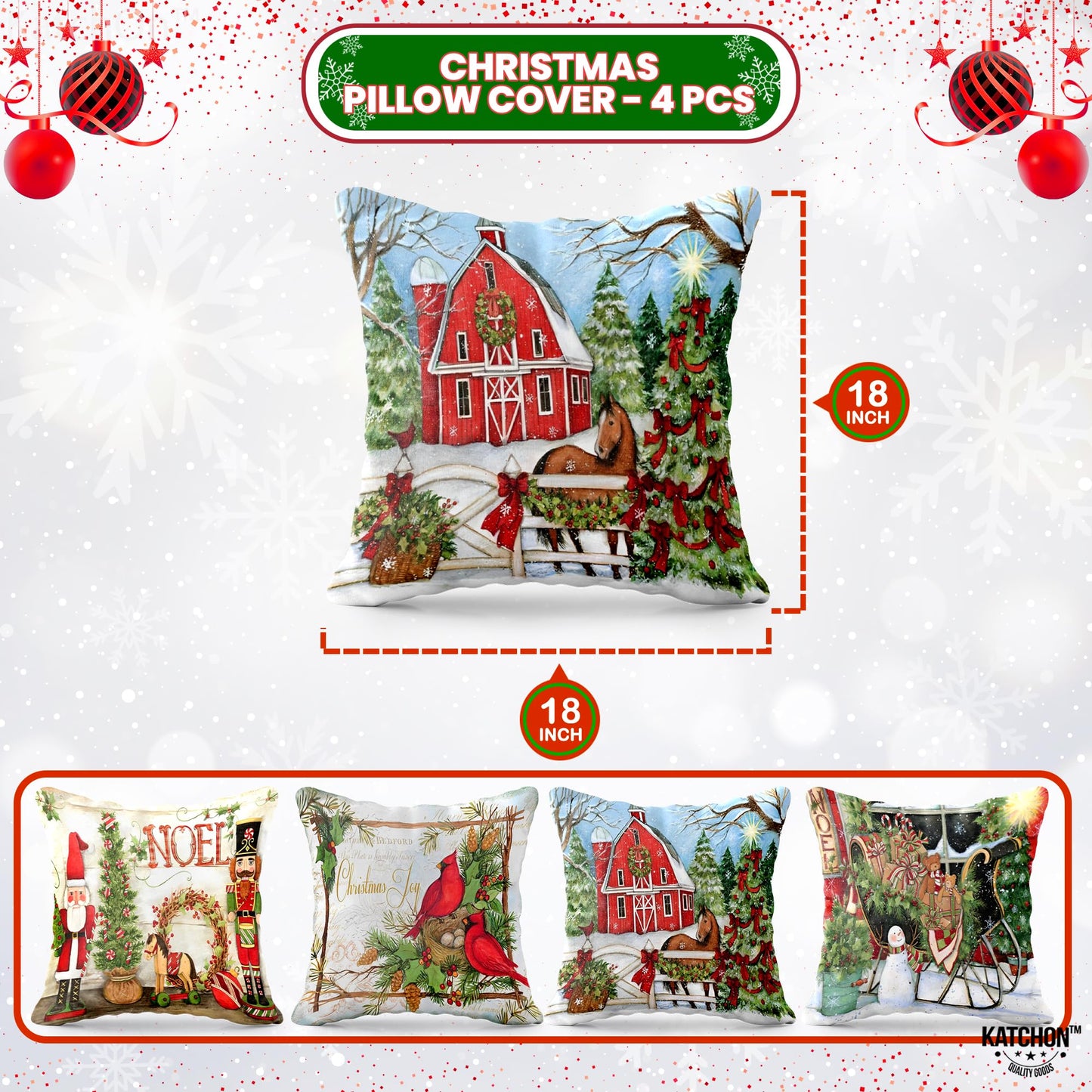 KatchOn, Farmhouse Christmas Pillow Covers 18x18 - Pack of 4 | Farmhouse Pillow Covers, Holiday Pillow Covers | Christmas Throw Pillow Covers for Christmas Decorations | Snowman Pillow Covers 18x18