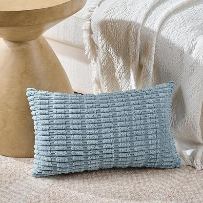 Fancy Homi 1 Pack Boho Light Blue Decorative Throw Pillow Covers 12x20 Inch for Couch Bed Sofa, Rustic Modern Farmhouse Home Decor, Soft Plush Corduroy Cute Rectangle Cushion Case 30x50 cm