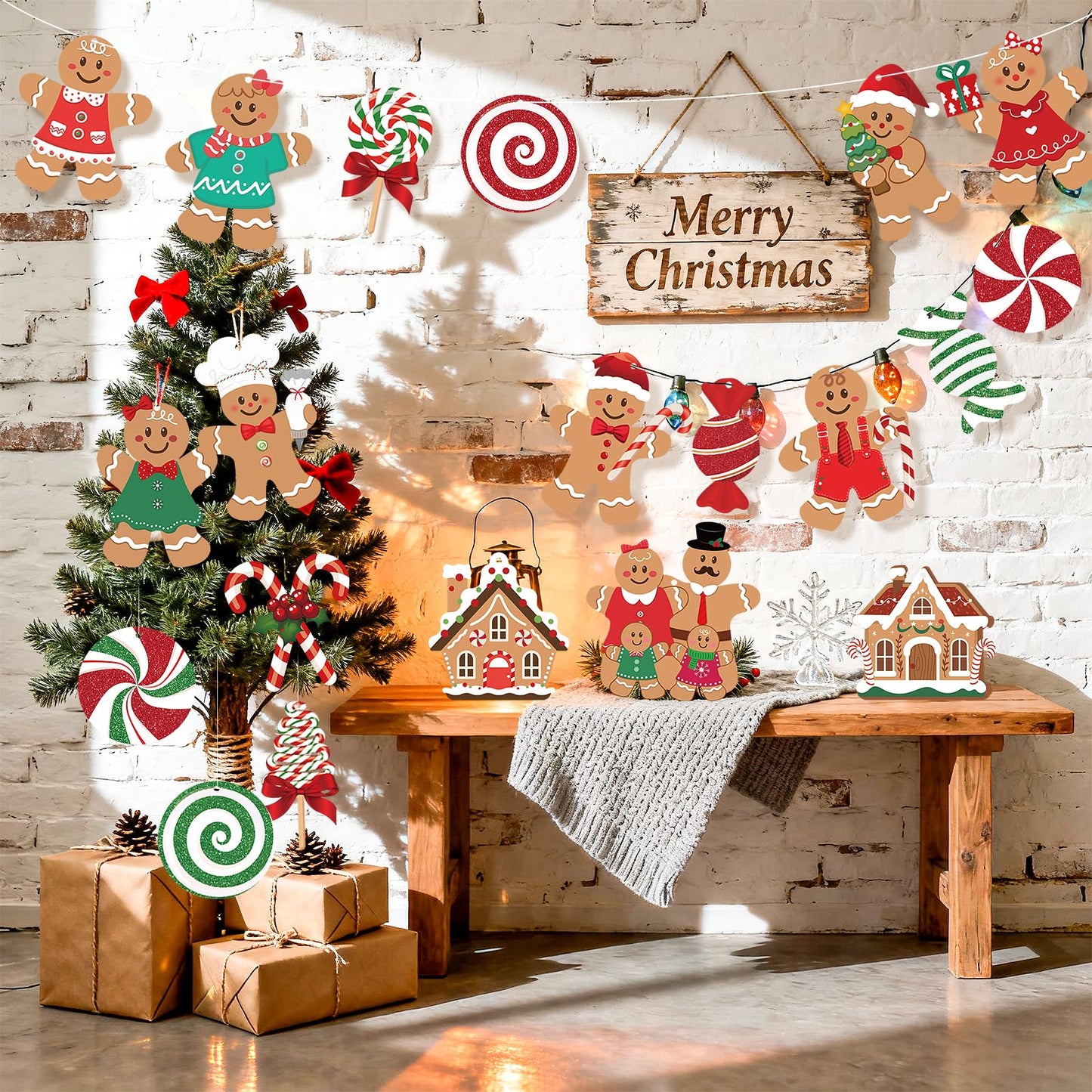 20 Pcs Gingerbread Christmas Decorations Outdoor Large Gingerbread Hanging Xmas Candy Ginger Bread House Decor Double Sided Printing Sign for Tree Yard Porch Office Home Holiday Outside Indoor Merry