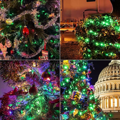 WATERGLIDE C6 Christmas Lights, 33ft 100 LED Faceted String Lights Green Wire Fairy Lights with 29V Safe Adaptor, 8 Lighting Mode, Waterproof for Indoor Outdoor Patio Xmas Tree Party Decor, Green