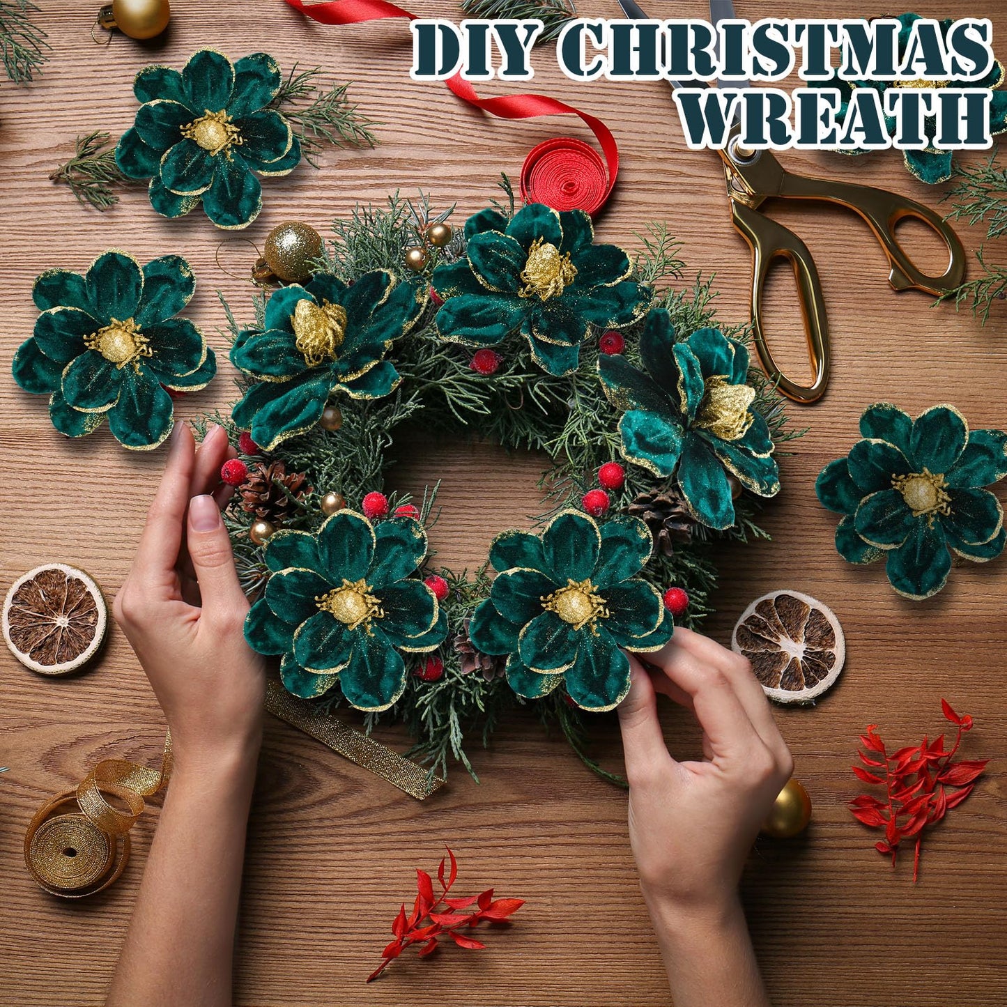 XunYee 10 Pcs Dark Green Velvet Christmas Glitter Flowers Magnolia Artificial Poinsettia Flower Christmas Tree Ornaments Velvet Floral Picks with Clips for Xmas DIY Wreath Decor, 6 Inch