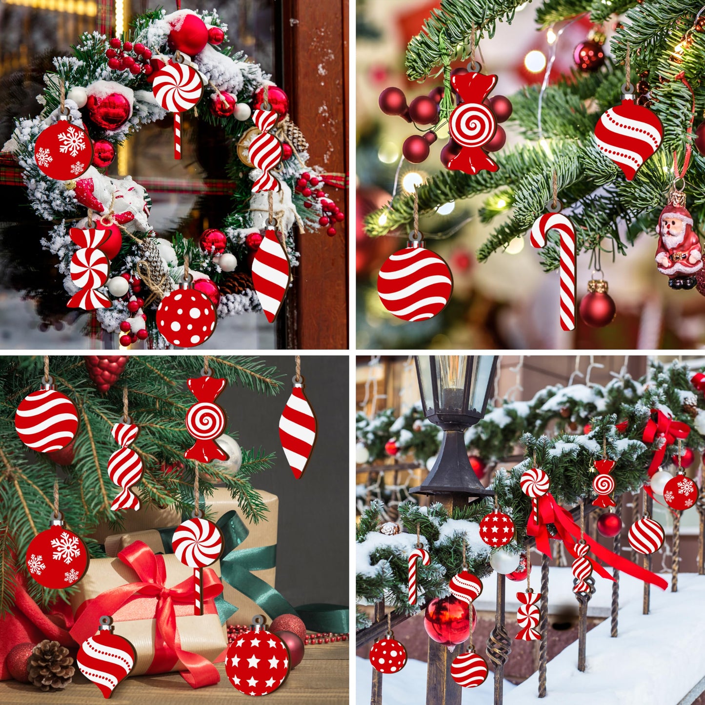Christmas Candy Lollipop Ornaments Set -24Pcs for Xmas Tree Decoration Wooden Hanging Peppermint Candy Cane Ball Pendants for New Year Home Decor Party Supplies (Red)