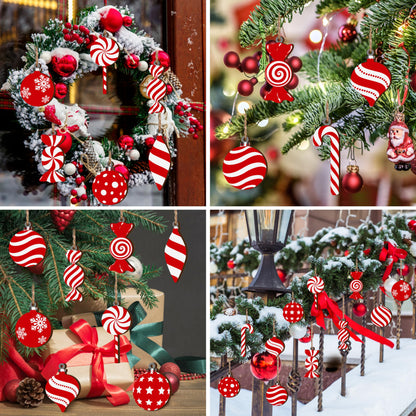 Christmas Candy Lollipop Ornaments Set -24Pcs for Xmas Tree Decoration Wooden Hanging Peppermint Candy Cane Ball Pendants for New Year Home Decor Party Supplies (Red)