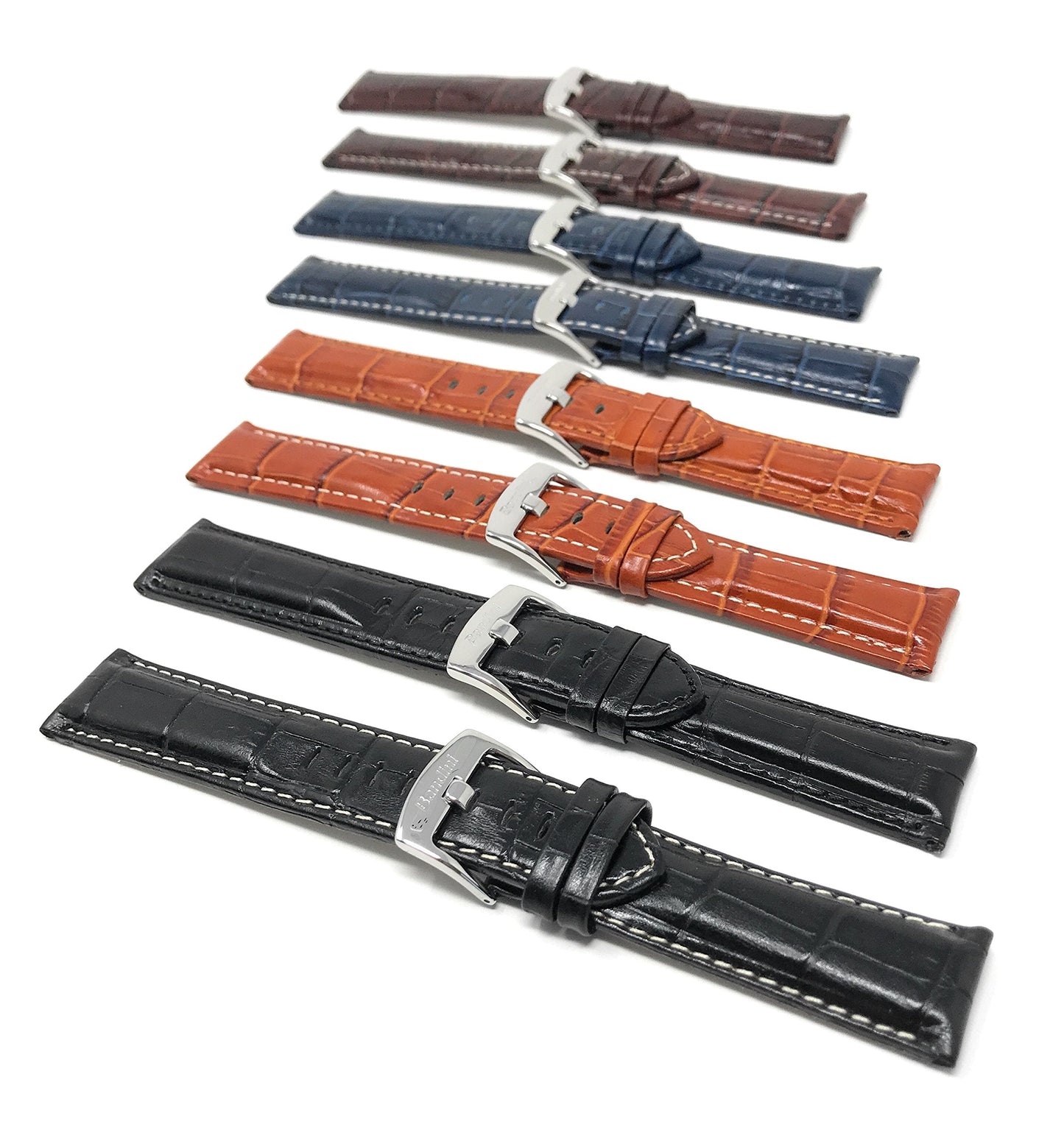 Bandini Mens 18mm Extra Long Leather Watch Band for Large Wrists – Premium Top Grain Alligator Embossed Strap, Durable Replacement, Soft Comfortable Fit, Black with Stitch