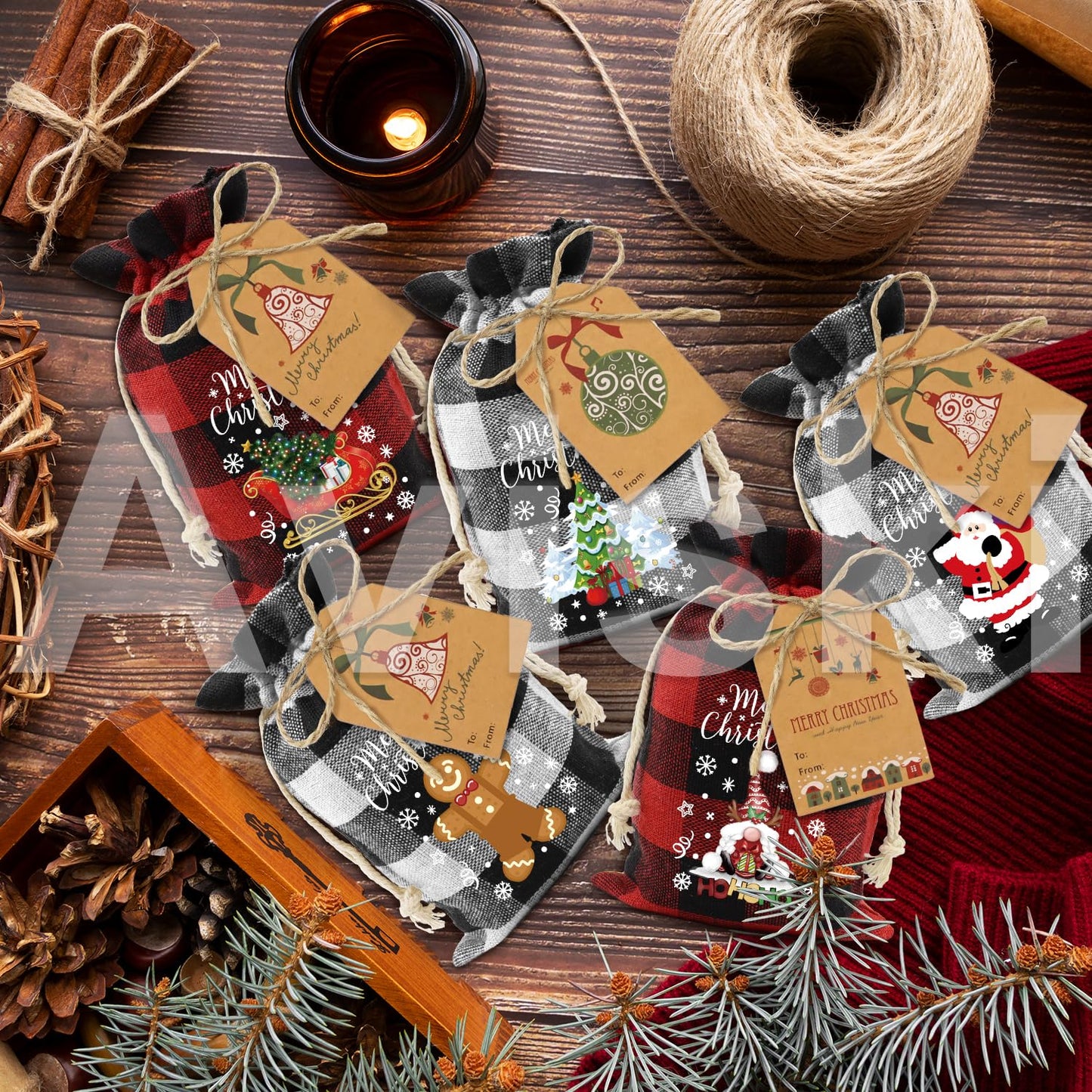 Aviski 60PCS Cotton Small Christmas Drawstring Candy Treat Bags Buffalo Plaid Xmas Xmas Christmas Fabric Goody Gift Sacks Reusable Gift Wrapping Bags Holiday Party Favors - Red/White