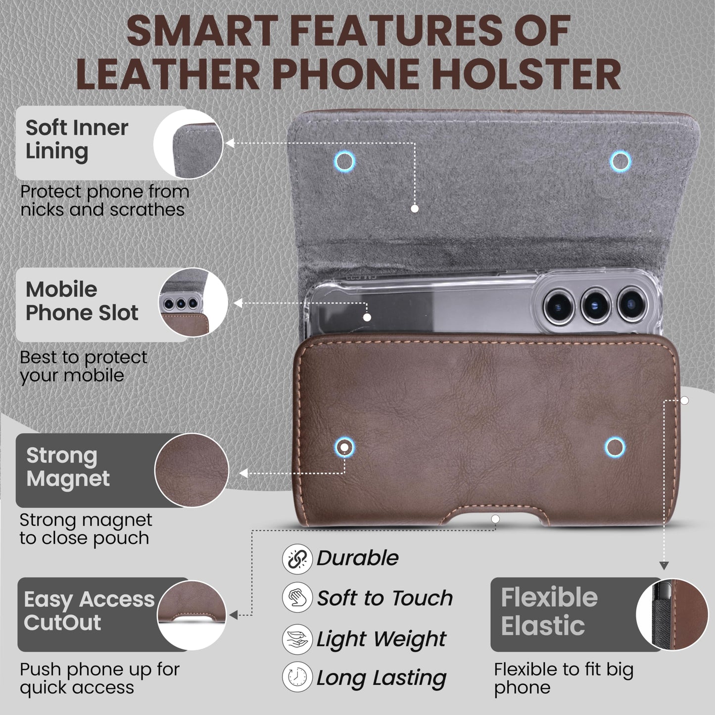 Wireless City X-Large Phone Holster for Men & Women, Horizontal Belt Clip & Loop Cell Phone Pouch, Magnetic Closure Phone Belt Holder Fits iPhone 17/16/15/14/13/12 Pro Max & Large Smartphones (Brown)