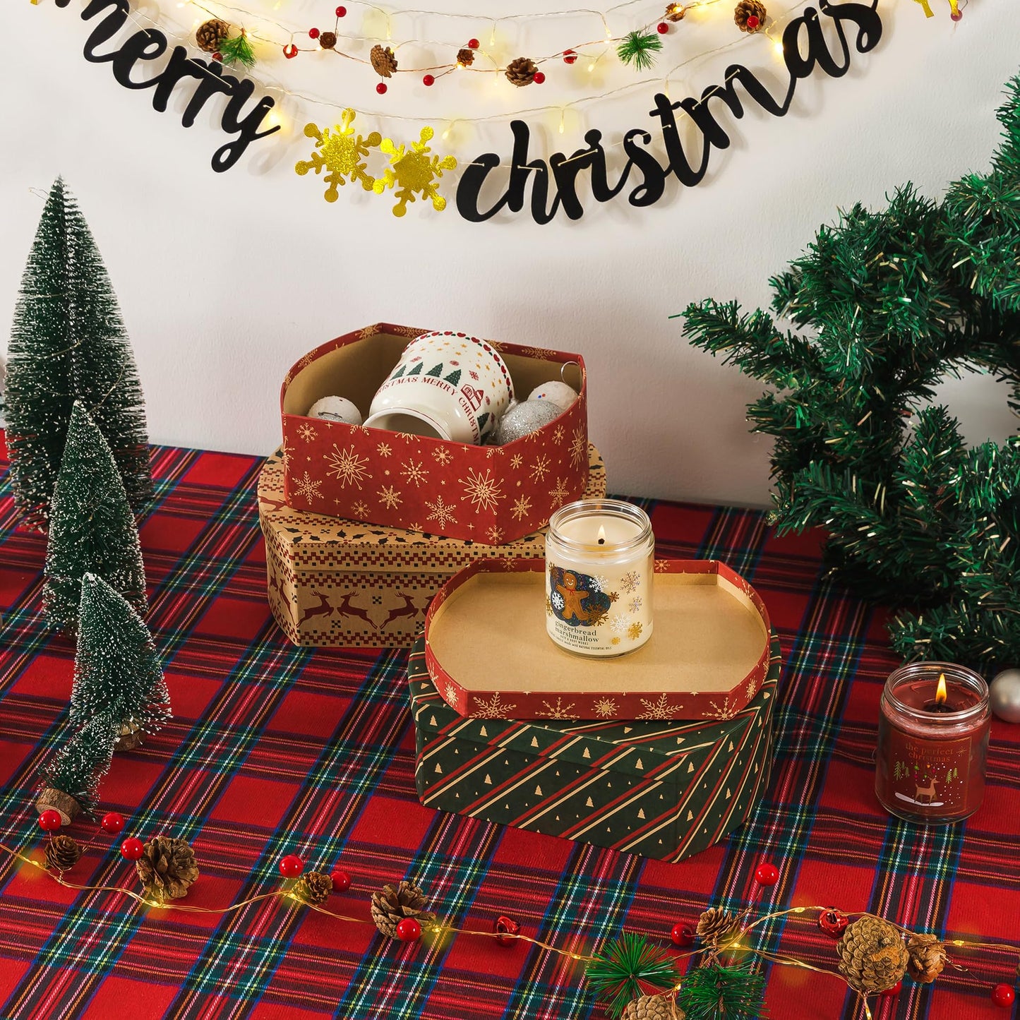 Soul & Lane Christmas Gift Boxes with Lids, Set of 3 Retro Kraft Holiday Decorative Boxes, Nesting Cardboard Festive Storage for Presents and Décor