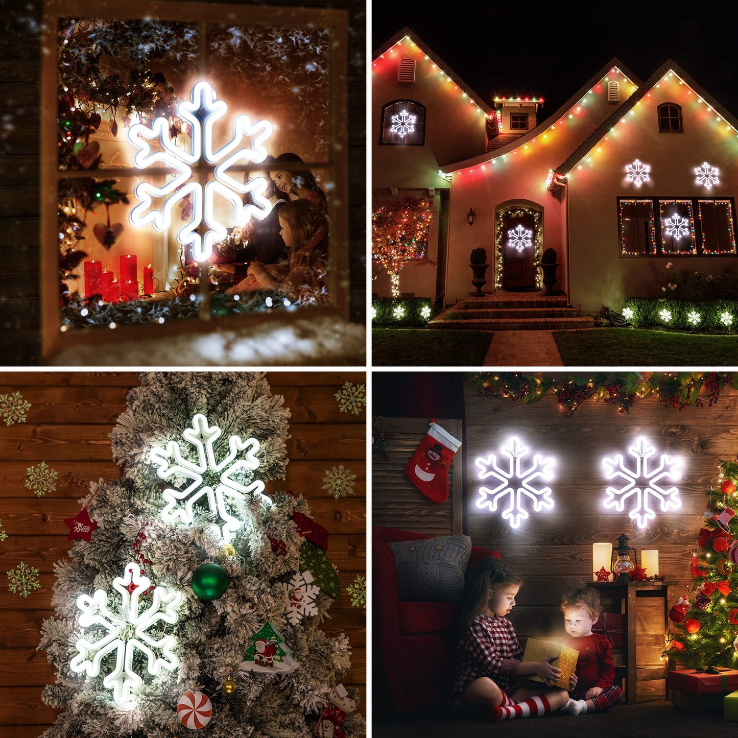 Enhon Christmas Neon Snowflake Light, 12 Inch Giant Snowflake Lights, Battery and USB Powered Christmas Curtain Neon Sign with Timer for Xmas Party Decoration(Cool White,2 Pack)