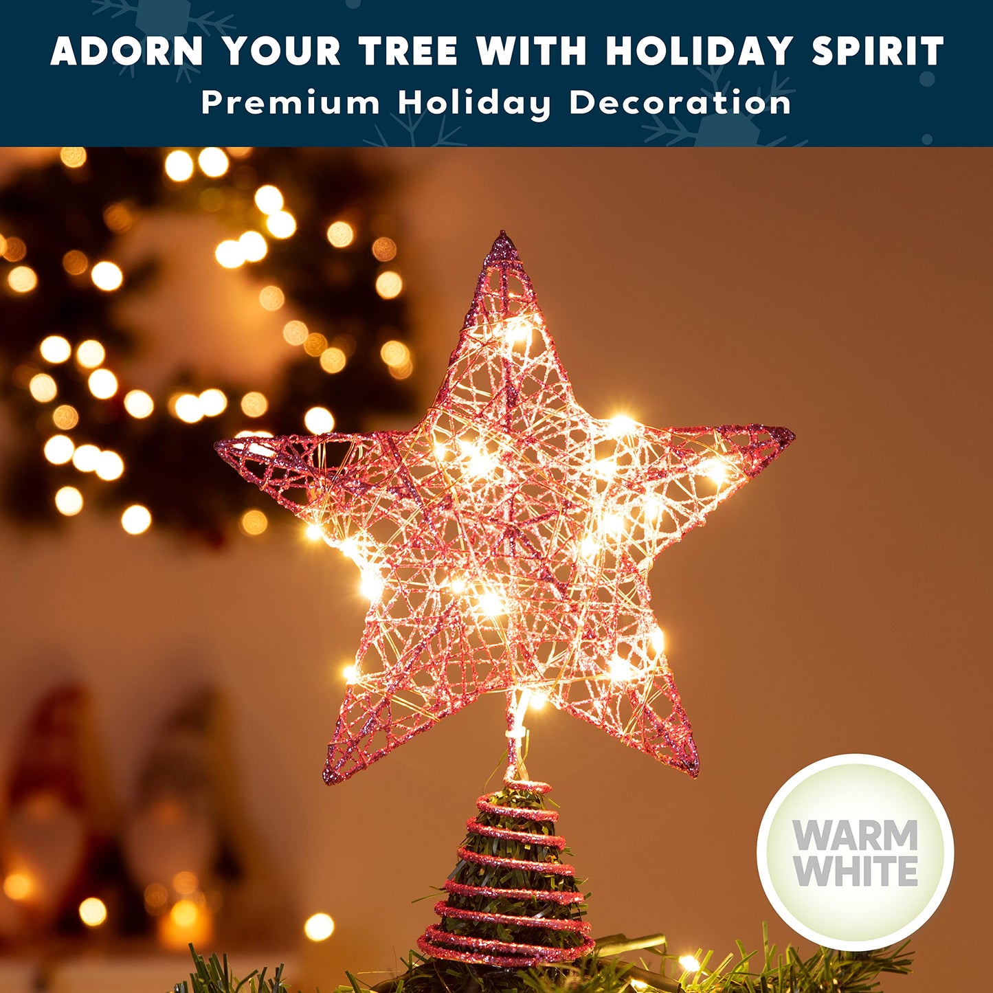 Joiedomi 8 inch Christmas Glitter Star Tree Toppers, Pink Star Lighted with 20 LED Warm White Lights for Xmas Decorations, Holiday Party Indoor Decor