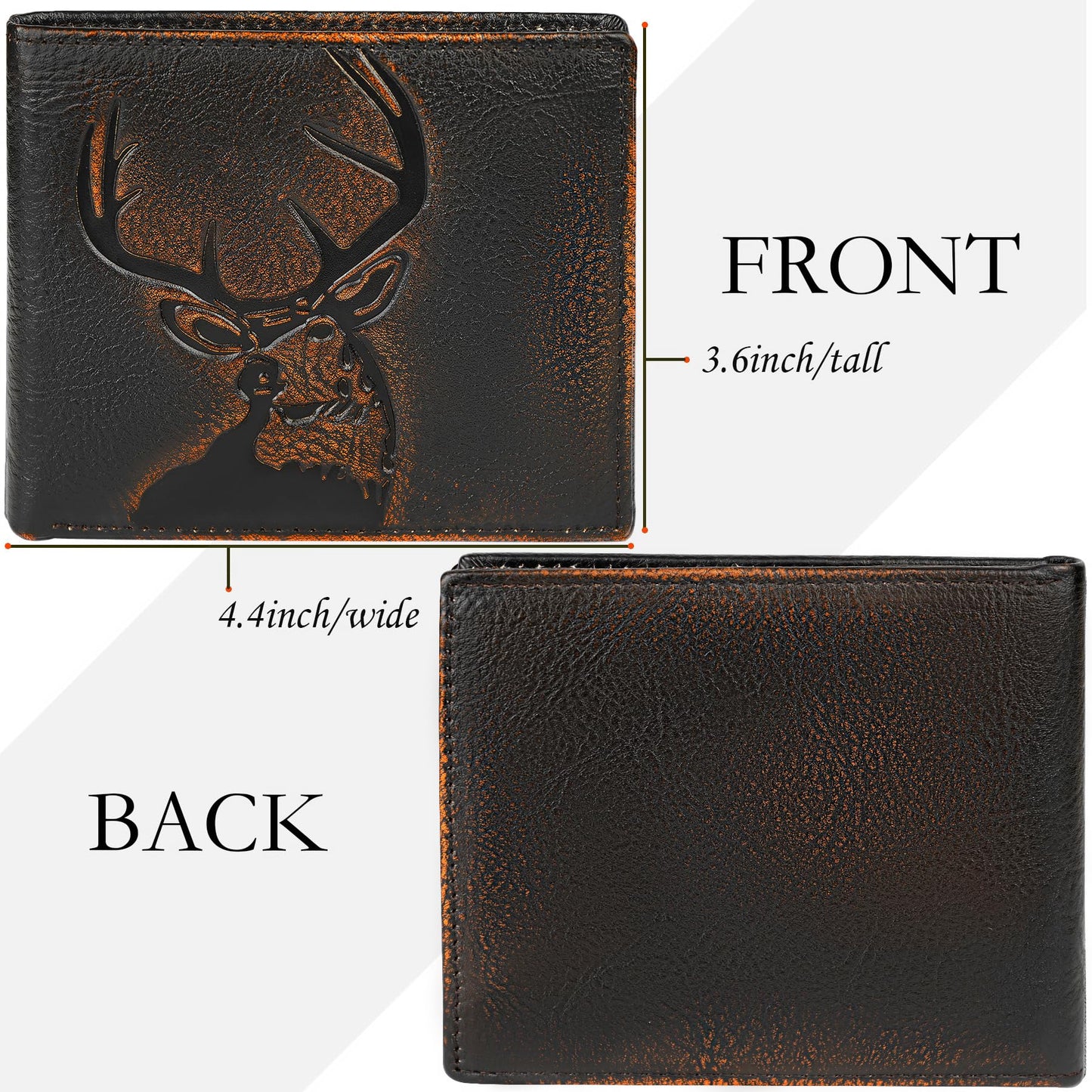DK86 Deer Bifold Wallet for Men RFID Blocking Full Grain Leather With Hand Burnished Extra Capacity Multiple Card Slots with 2 ID Windows (black orange with deer)