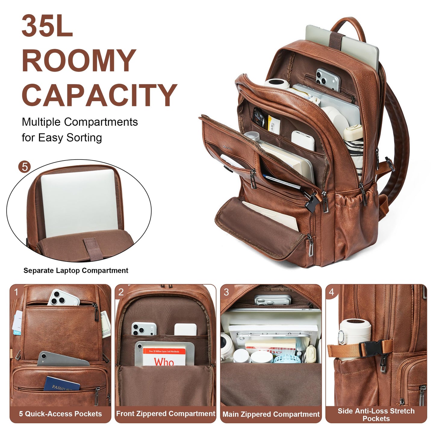 Shrrie 17 Inch Laptop Leather Backpack Work Laptop Backpack Purse for Women Mens Travel Back Pack Large Capacity for Business College Women Convertible Tote Brown Backpack Computer Purse